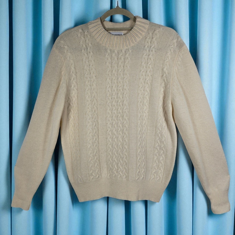 Yarnworks Womens Cable Knit Angora‎ Lambswool Beaded Sweater Woman Medium Cream